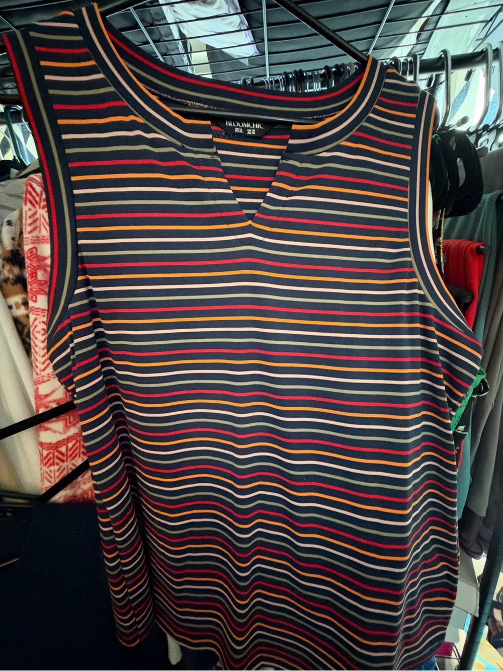 BloomChic Black Tank with Red, Orange Taupe & Cream Stripes